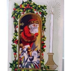 Christmas Postcard Santa Claus Toys Holly Candle 1914 Whitney Vintage Original